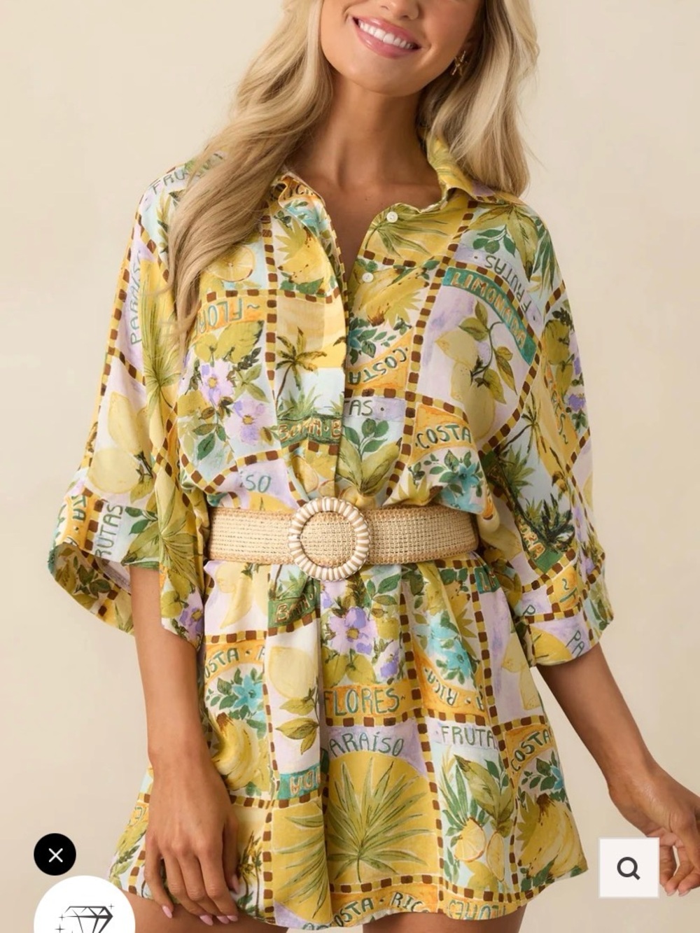Short Jumpsuit Forum Yellow Floral Button-Front Tunic with Woven Belt